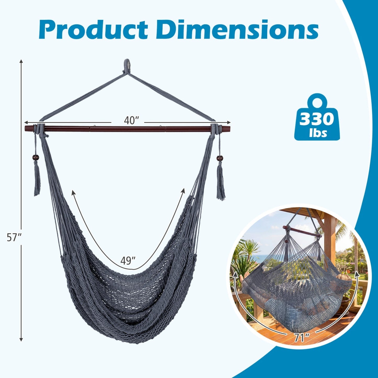 Caribbean Hammock Chair with Metal Spreader Bar Large Soft-Spun Rope Woven Swing
