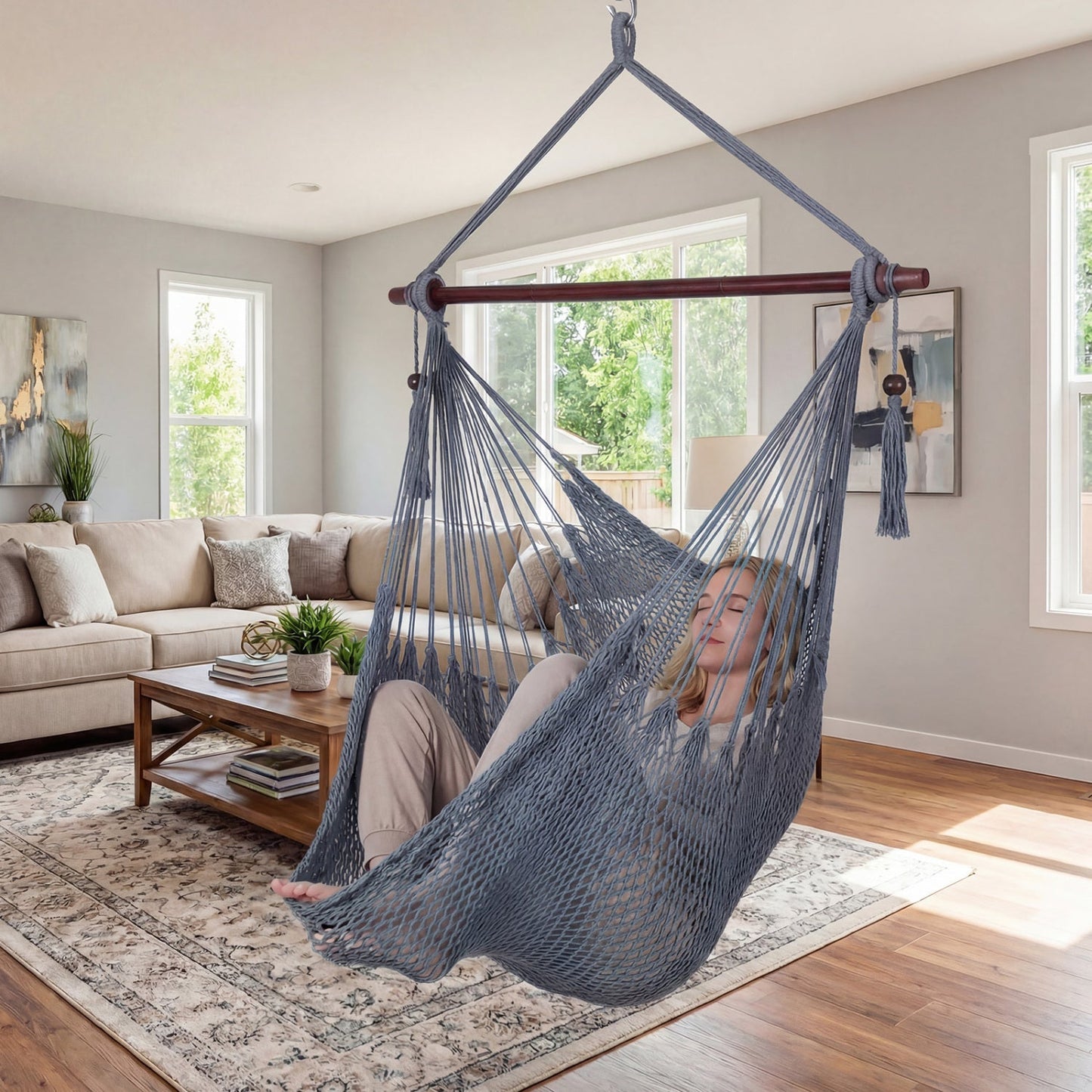 Caribbean Hammock Chair with Metal Spreader Bar Large Soft-Spun Rope Woven Swing