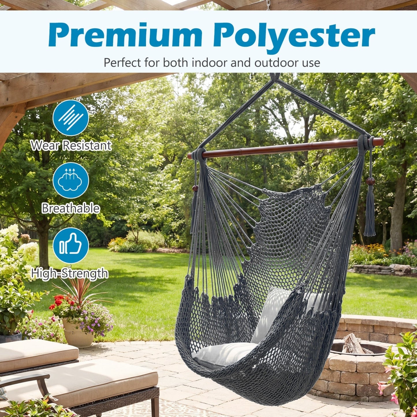 Caribbean Hammock Chair with Metal Spreader Bar Large Soft-Spun Rope Woven Swing