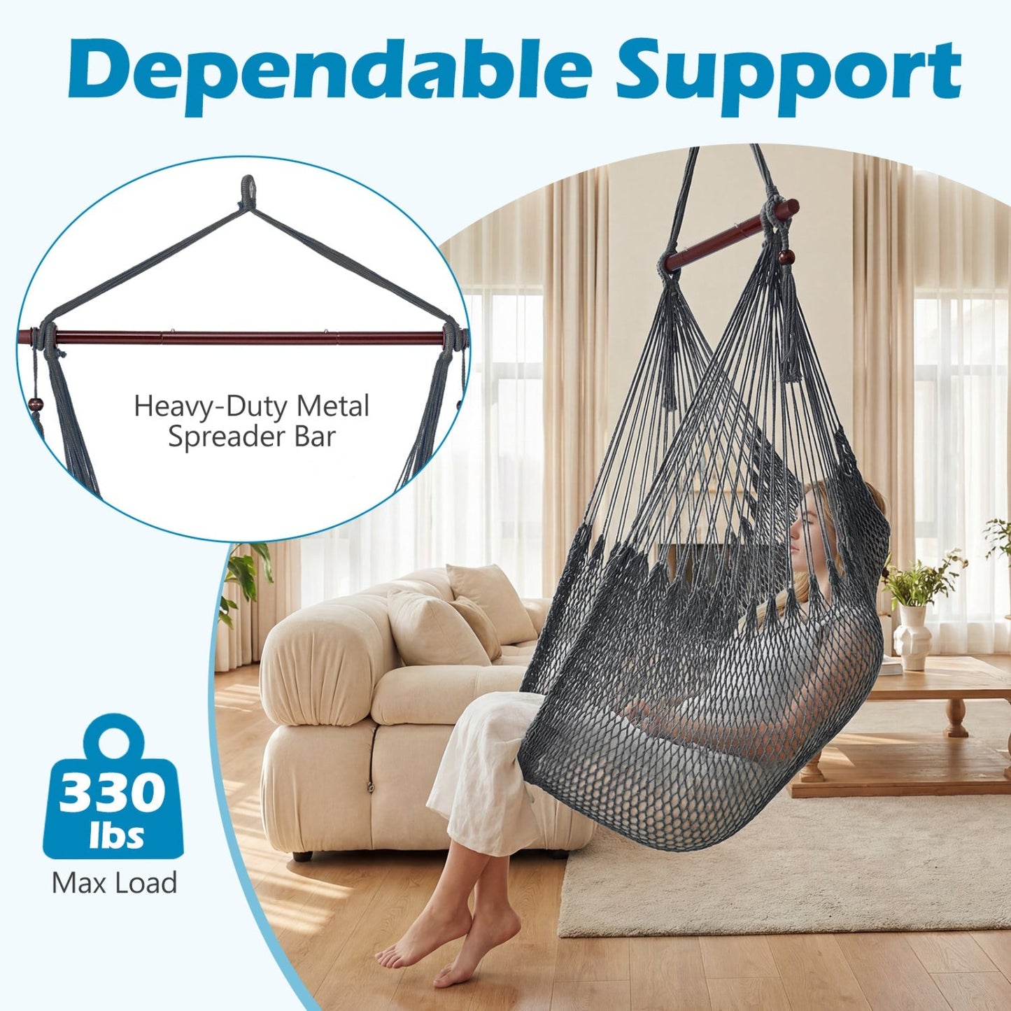 Caribbean Hammock Chair with Metal Spreader Bar Large Soft-Spun Rope Woven Swing