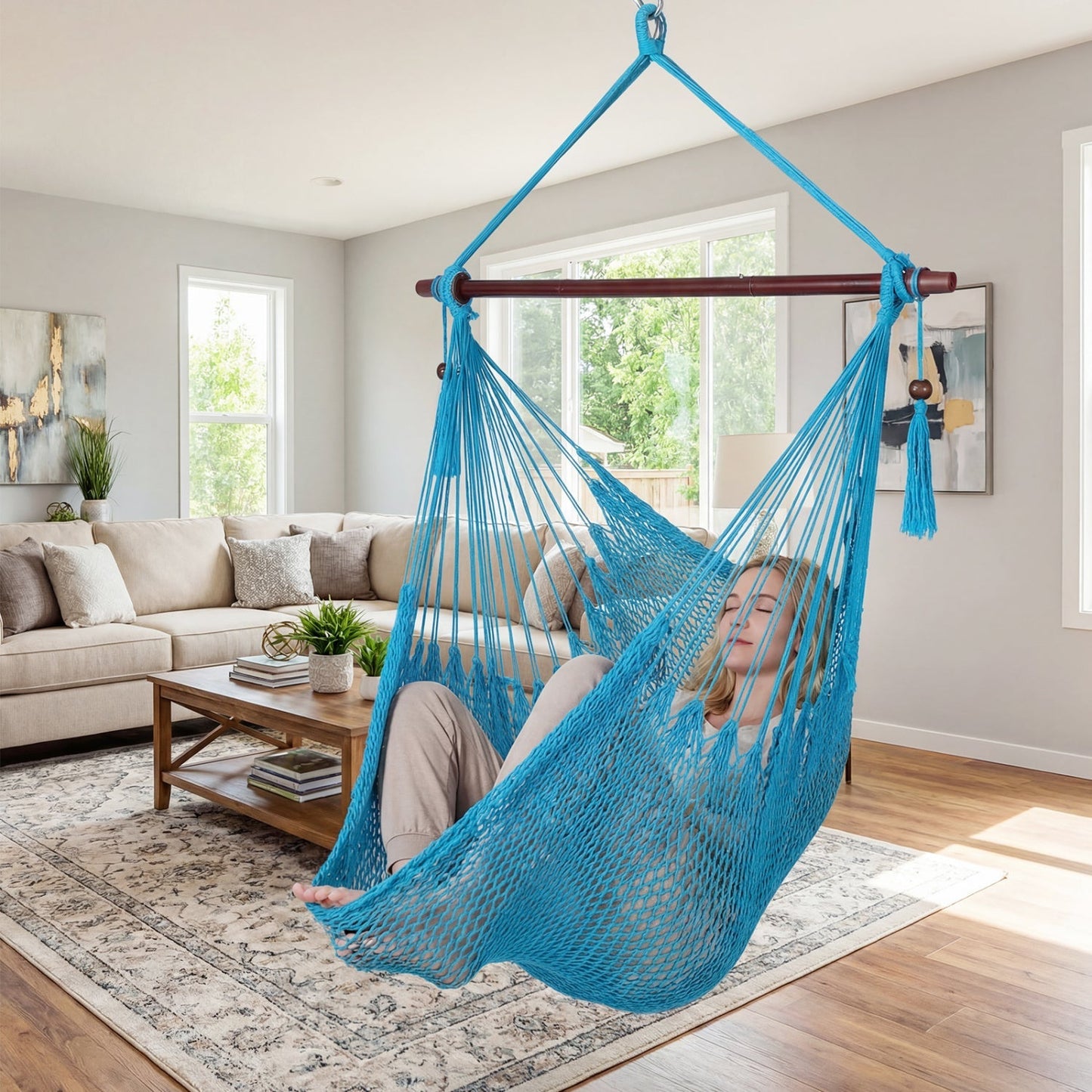 Caribbean Hammock Chair with Metal Spreader Bar Large Soft-Spun Rope Woven Swing