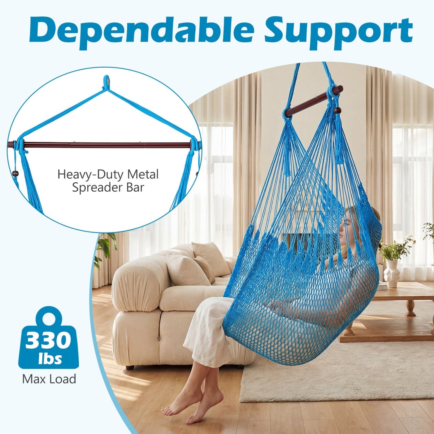 Caribbean Hammock Chair with Metal Spreader Bar Large Soft-Spun Rope Woven Swing