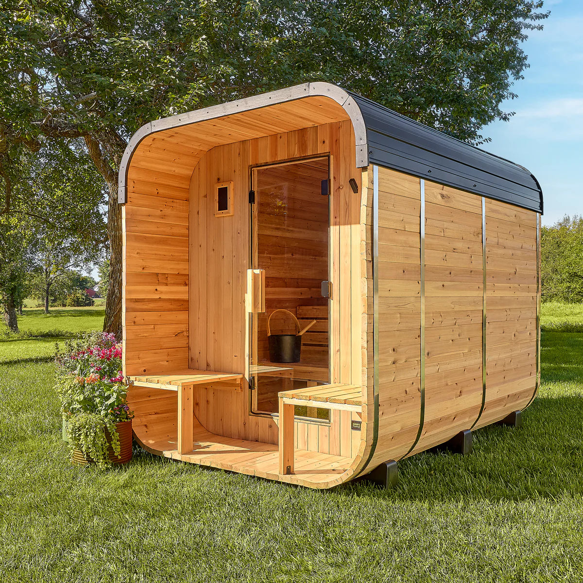 Premium 4–6 Person Outdoor Cube Sauna with Porch — Professionally Installed by Double D's