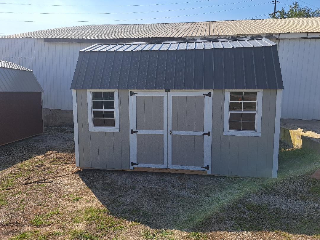 SOLD Repo 10x16 Side Double Lofted Barn Shed with Charcoal roof, Grey walls, and White trim