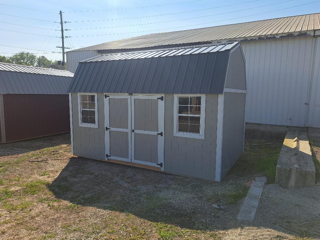 SOLD Repo 10x16 Side Double Lofted Barn Shed with Charcoal roof, Grey walls, and White trim